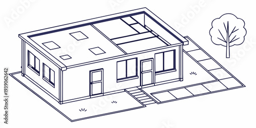 A simple isometric view of a small modern building with a tree beside it