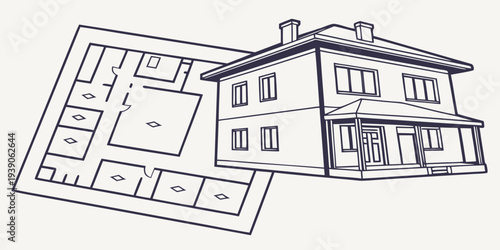 Architectural floor plan of a two-story house with blueprints overlay