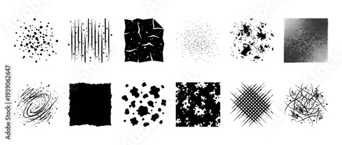 Set of various black abstract textures and graphic design elements, featuring grunge splatters, ink blots, scribbles, halftone patterns, and distressed shapes for creative projects