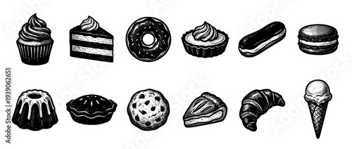 Collection of hand-drawn vintage style desserts including cake, cupcake, donut, pie, and ice cream in a detailed black and white engraving illustration for a bakery or cafe menu