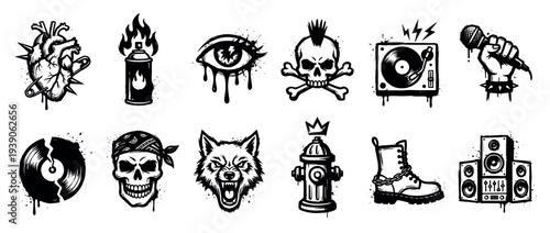 Collection of monochrome punk rock symbols in a gritty street art style, including a skull, spiked heart, spray can, microphone, turntable, and other rebellious urban elements