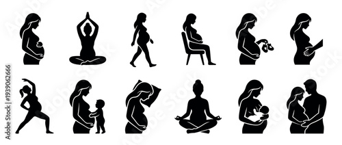 Collection of black pregnancy silhouettes showing a woman in various stages of maternity, including yoga, walking, motherhood, and family life, representing the journey of new life