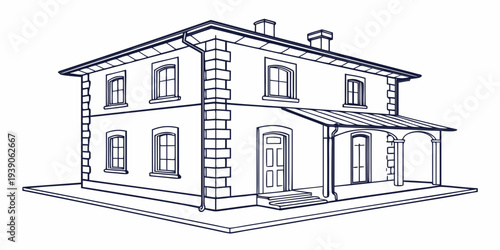 Elegant architectural sketch of a traditional two-story house with symmetry and classic design elements