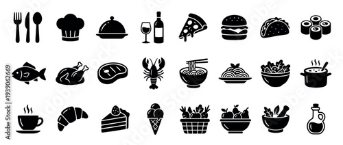 Set of black food and cooking icons representing various meals, drinks, and kitchen elements like pizza, sushi, pasta, wine, and a chef hat for restaurant menu design