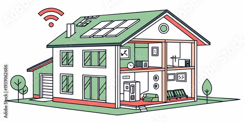 Modern house equipped with smart home technology and renewable energy solutions