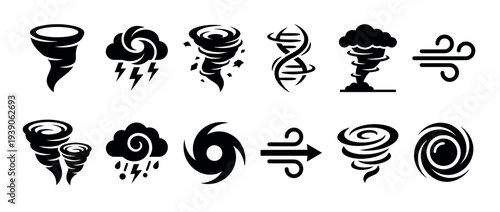 Collection of black weather icons representing tornadoes, hurricanes, cyclones, and storms in a minimalist graphic style, including various twisters, wind gusts, and thunderstorm pictograms