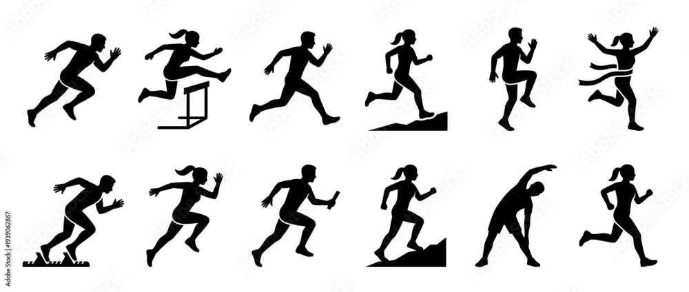 Naklejka premium Set of black runner silhouettes showing various athletic poses and actions including sprinting, hurdling, jogging, stretching, finishing a race, and passing a baton in a relay