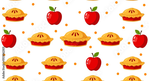 Seamless pattern of cartoon red apples and golden apple pies with orange dots white background