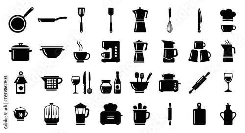 Collection of kitchen utensils and appliances icons.
