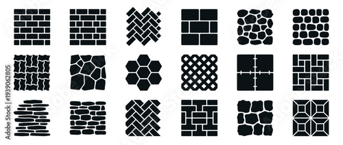 Collection of various pavement texture icons featuring different brickwork, cobblestone, flagstone, and geometric tile patterns in a simple black silhouette graphic style