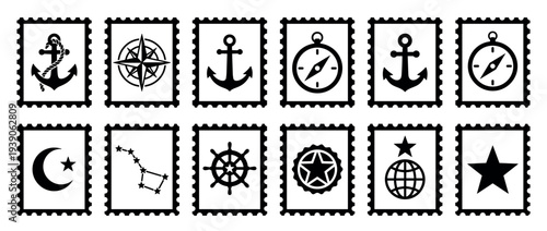 Set of black nautical and celestial icons in postage stamp frames featuring an anchor, compass, star, and moon, presented as a graphic collection of minimalist symbols for navigation