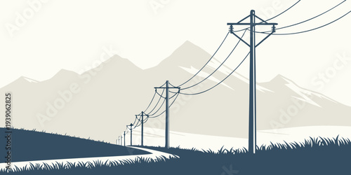 Power lines stretching across a serene landscape with distant mountains