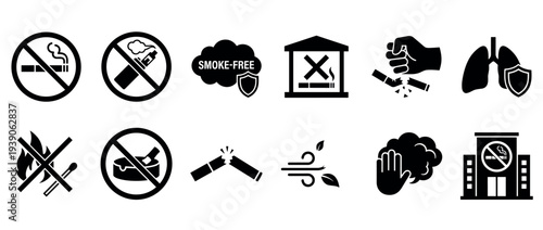 Collection of black no smoking icons and smoke-free pictograms representing prohibition, quitting, and health, including signs for cigarettes, vaping, and public places