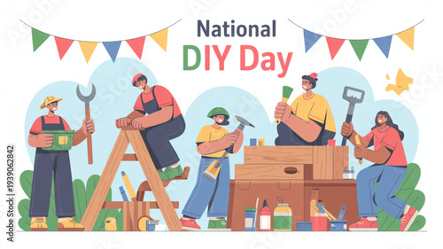 People engaging in diy activities on national diy day with tools and materials