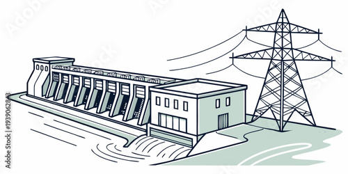 Modern hydroelectric power plant generating clean renewable electricity with transmission lines
