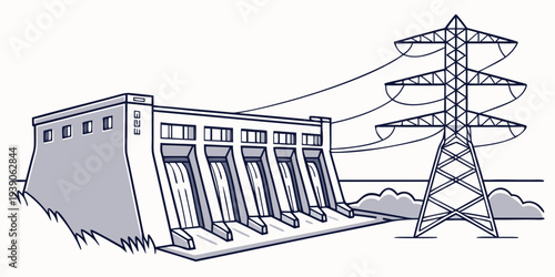 Large hydroelectric power station with transmission towers in background