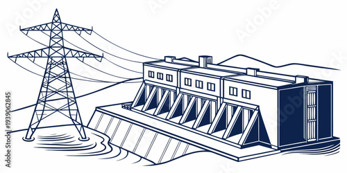 Illustration of a hydroelectric power station generating electricity with transmission lines