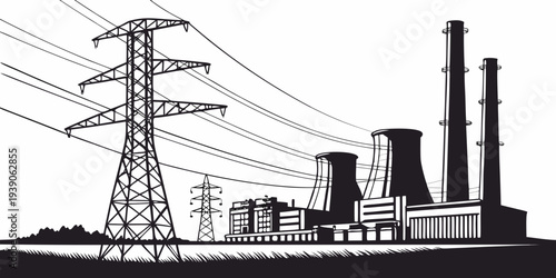 Power plant with transmission towers and cooling towers in industrial setting