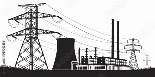 Industrial power plant with cooling towers and transmission lines in silhouette