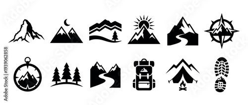 Set of black silhouette icons for hiking, camping, and outdoor adventure includes mountains, a compass, a backpack, a tent, and a boot print for travel and exploration themes
