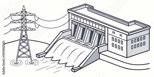 Historic hydroelectric dam with power lines and transmission towers nearby