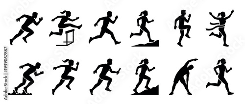 Set of black runner silhouettes showing various athletic poses and actions including sprinting, hurdling, jogging, stretching, finishing a race, and passing a baton in a relay