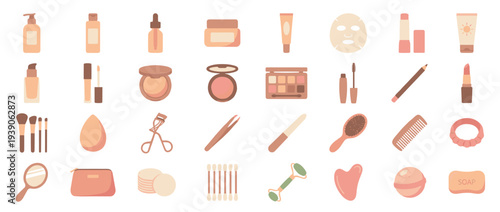 Large collection of beauty and skincare product icons including makeup, tools, and cosmetics for a daily routine, presented in a flat design vector illustration with a soft pastel color palette