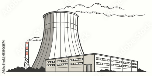 Old nuclear power plant emitting steam into the sky with industrial buildings around