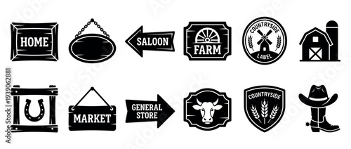 Set of twelve black western themed icons and rustic farm signage elements featuring a saloon, barn, cowboy boot, and horseshoe in a simple graphic silhouette style