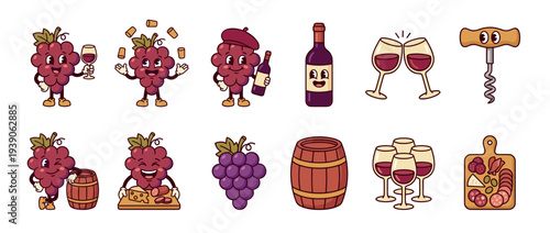 Charming set of retro cartoon grape mascots and wine-themed illustrations, including a bottle, glasses, barrel, corkscrew, and a delicious charcuterie board for a fun celebration