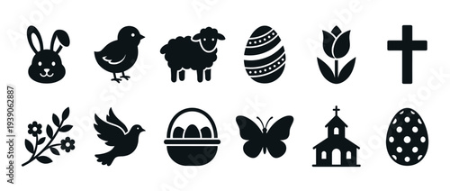 Twelve black silhouette icons for the Easter holiday featuring a cute bunny, lamb, chick, decorated eggs, cross, church, dove, and basket in a minimal flat vector design