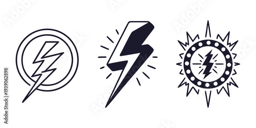 Three distinct lightning bolt symbols with varied stylistic designs and backgrounds