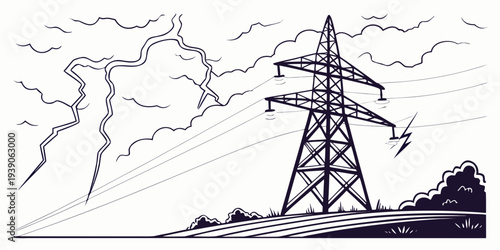 A solitary power transmission tower against a serene sky with scattered clouds