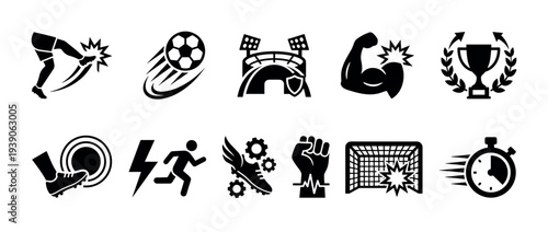 Set of black soccer sport icons representing power, speed, and victory with symbols like a kicking leg, trophy, stadium, and stopwatch in a minimalist graphic style