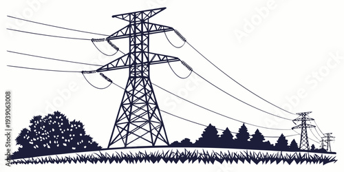A vintage-style illustration of power lines and electrical transmission towers in a rural landscape