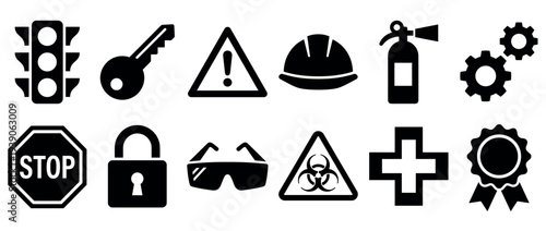 Collection of black safety and security icons including a traffic light, hard hat, stop sign, and fire extinguisher representing industrial regulations and workplace protection