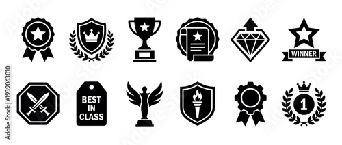 Collection of black glyph icons for awards and recognition, featuring a trophy cup, star medal, laurel wreath, and winner shield symbols for excellence and achievement