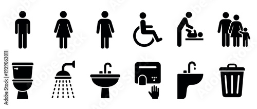 Set of black public restroom icons including male, female, disabled, baby changing, and family symbols with toilet, shower, sink, and hand dryer pictograms in a simple vector style