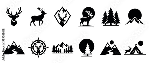 Set of black silhouette icons featuring deer, mountains, forests, and a compass for adventure and outdoor themes, presented in a clean, minimalist graphic vector style