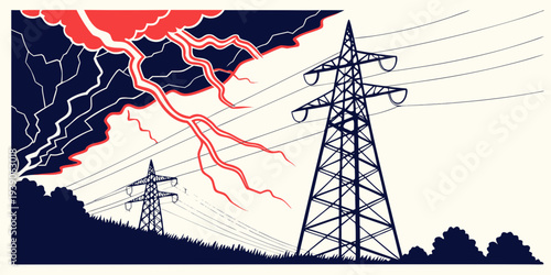 Power lines under a stormy sky with vivid lightning strikes and dramatic clouds