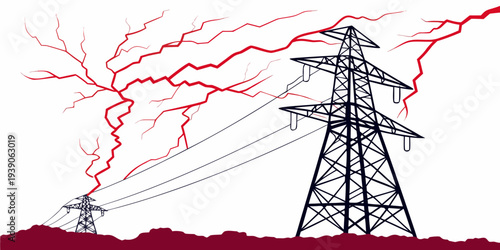 Power lines and transmission towers amidst a stormy sky with lightning strikes