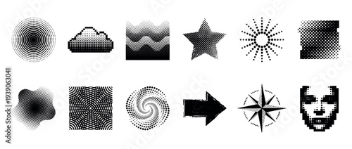 Set of black abstract geometric shapes with halftone dot patterns and pixelated textures for modern graphic design, featuring stars, clouds, arrows, spirals, and other forms