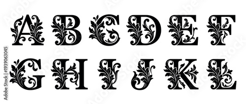 Ornate black capital letters of the alphabet from A to L with elegant baroque floral acanthus leaf scrollwork for a classic monogram or initial design element