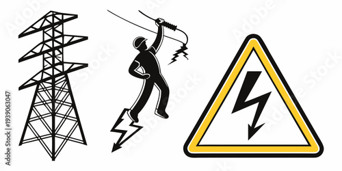 Warning symbols for electrical hazards and safety precautions near power lines