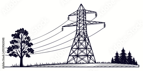 Power transmission tower standing amidst a serene landscape with trees and vegetation