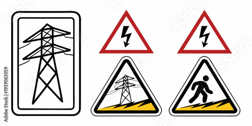 Safety symbols related to electrical hazards and pedestrian warning near power lines