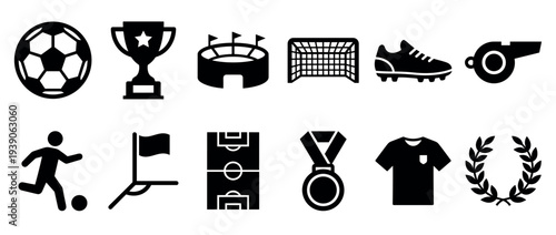 Collection of twelve black soccer glyph icons featuring a ball, trophy cup, stadium, goal, cleat, whistle, player, field, medal, jersey, and laurel wreath