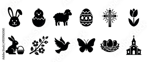 Collection of black Easter holiday icons featuring a bunny, chick, lamb, egg, cross, and church in a simple flat glyph silhouette style for spring and religious celebrations