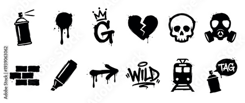 Set of black graffiti style icons featuring a spray can, skull, broken heart, and gas mask with other urban street art elements in a dripping, hand-drawn vector illustration