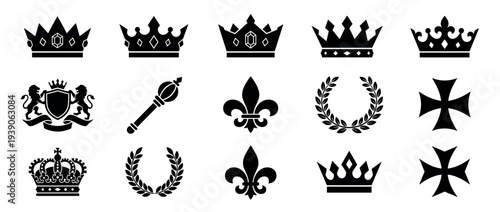 Set of black royal heraldic symbols including various crowns, a scepter, fleur-de-lis, laurel wreaths, iron crosses, and a lion coat of arms in a minimalist graphic icon collection